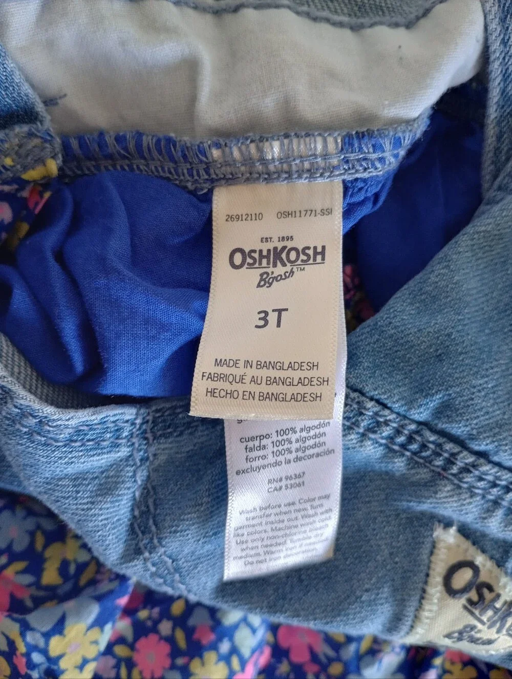 Oshkosh Girl Blue Denim Overall Dress Floral Skirt toddler Girls Sz. 3T